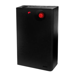 Black rectangular electronic control box with a red push button and indicator light
