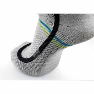 Close up of Sidas grey sock with black trim and blue and green stripes