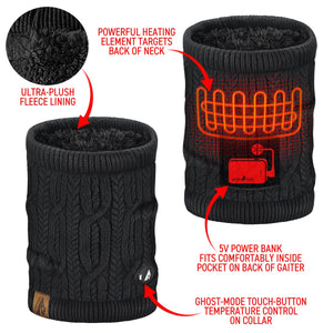 ActionHeat black cable knit neck gaiter with fleece lining and integrated heating element and power bank pocket