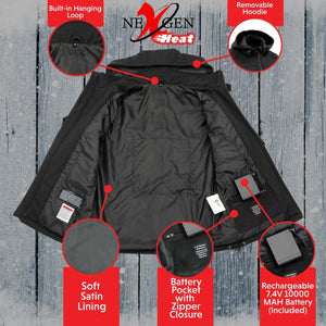 NexGen Heat jacket interior features including hanging loop, removable hood, satin lining, and rechargeable battery
