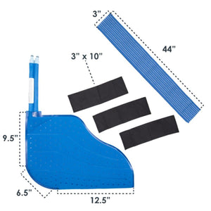 Blue cold therapy wrap with three black straps and a blue extension tube with dimensions labeled
