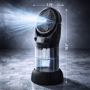 Black portable misting fan with water tank measuring 7.75 inches wide and 18.5 inches tall