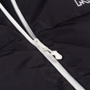 Close up of white zipper on black Mobile Warming jacket