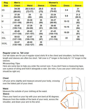 Size chart for men and women with instructions on how to measure chest waist and sleeve length