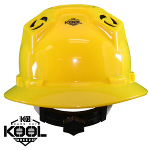Yellow Kool Breeze hard hat with black adjustable suspension strap