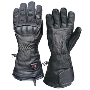 Gerbing black leather heated motorcycle gloves with red stitching and power button