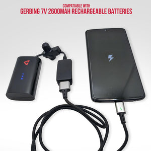 Gerbing 7V 2600mAh battery connected to a smartphone charging cable