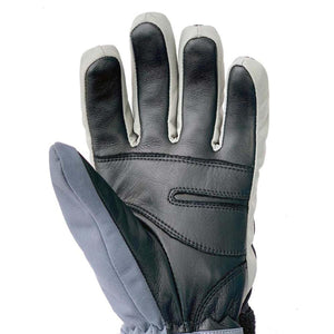 Black leather palm glove with grey fabric back and thumb