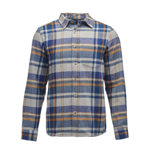 Black Diamond blue and grey plaid long sleeve button down flannel shirt