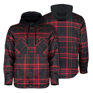 Red and black plaid hooded flannel shirt with snap button closure