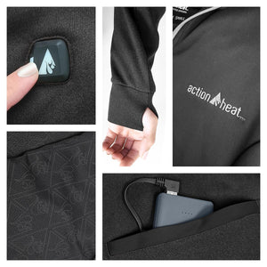 ActionHeat apparel features including power button thumb hole sleeve logo and battery pack pocket