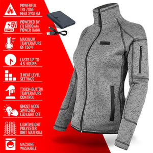 ActionHeat grey heated fleece jacket with power bank and feature list