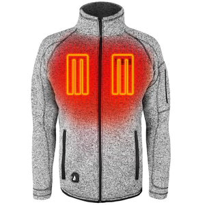 Grey heathered knit heated jacket with visible orange heating elements on the chest