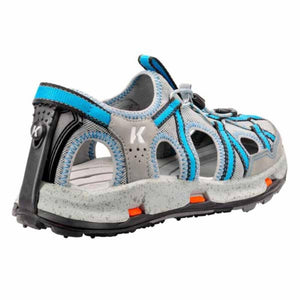Grey and blue closed toe outdoor sandal with speckled midsole and K logo