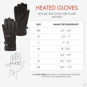 Venture Heat heated glove size chart showing hand circumference measurements for sizes 2XS to 2XL
