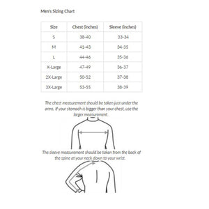 Gears Canada mens sizing chart with chest and sleeve measurements in inches