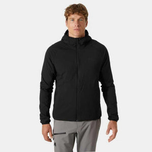 Man wearing a black Helly Hansen hooded zip up jacket