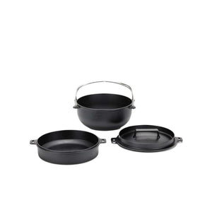 Snow Peak cast iron dutch oven set with pot lid and skillet base