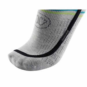 Close up of grey Sidas sock with black trim and blue and green stripes