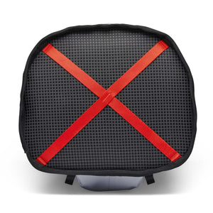 Black Diamond backpack top view with black grid fabric and red cross straps