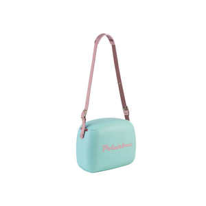 Light blue Polarbox cooler with a pink adjustable shoulder strap