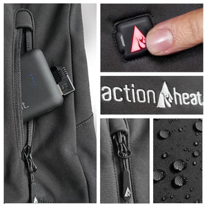 ActionHeat heated apparel features battery pack, power button, logo, zipper, and water resistant fabric