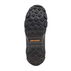 Black rubber lugged outsole of a Dryshod boot