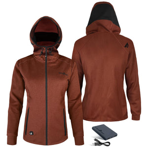 ActionHeat brown hooded heated jacket with front and back view and power bank