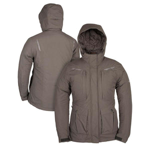 Brown hooded insulated jacket shown from front and back views