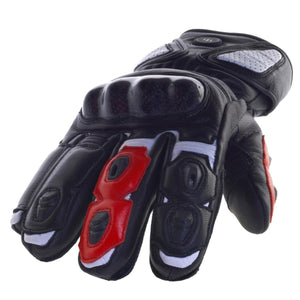 Black leather motorcycle glove with red and white accents and hard knuckle protection