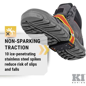 K1 Series non-sparking traction device with 10 stainless steel spikes attached to a work boot