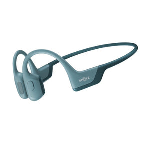 Blue Shokz bone conduction headphones with wrap around frame