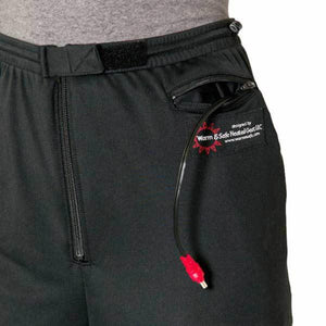 Black Warm and Safe Heated Gear pants with a power cable extending from the zippered pocket