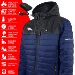 ActionHeat Denver Broncos heated jacket with feature list including 4-zone heating and 10000 mAh power bank