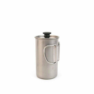 Snow Peak titanium coffee press with black lid knob and folding side handle