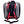 Back view of a black and silver backpack with red adjustable straps and a waist buckle