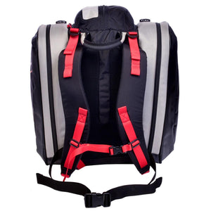 Back view of a black and silver backpack with red adjustable straps and a waist buckle