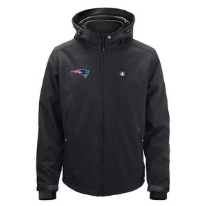 Black New England Patriots softshell hooded jacket with front zipper and team logo