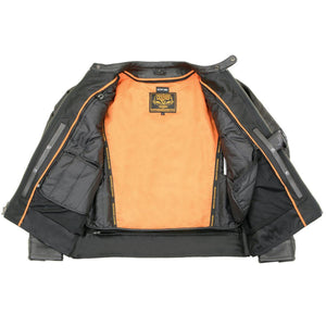 Milwaukee Leather black motorcycle jacket interior with orange zip out liner