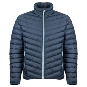 Dark blue quilted puffer jacket with light blue zipper details