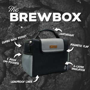 Kanga Brewbox cooler with labels for magnetic flap, mesh pockets, jumbo pocket, insulation, and leakproof liner