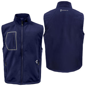 Front and back view of a navy blue Gerbing softshell vest with a high collar and zippered pockets