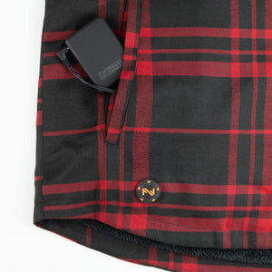 Mobile Warming red and black plaid shirt with battery pack in pocket and power button on front