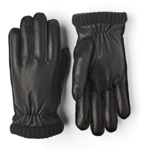 Hestra black leather gloves with ribbed knit cuffs