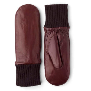 Hestra burgundy leather mittens with dark brown ribbed knit cuffs