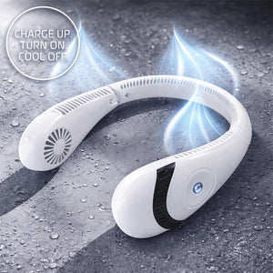 White wearable neck fan with blue airflow graphics on a wet grey surface