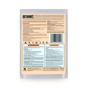 Back of Hothands hand warmer packaging with instructions and safety warnings in English and Spanish