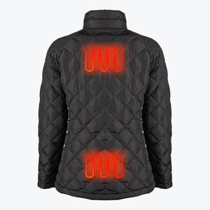 Mobile Warming black quilted jacket showing back heating zones
