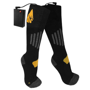 Black battery powered heated socks with yellow gorilla logo and grey heel and toe accents