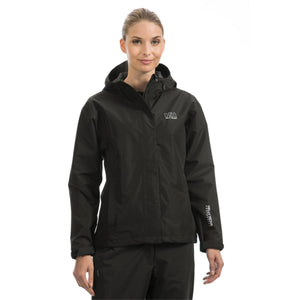 Woman wearing a black Helly Hansen hooded rain jacket with Helly Tech branding on the sleeve